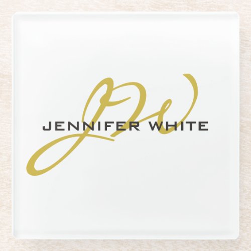 Monogram White Gold Color Plain Modern Minimalist Glass Coaster