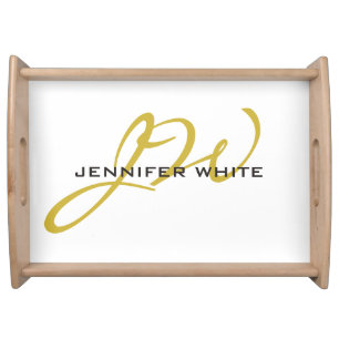Monogram White Gold Color Plain Modern Minimalist Serving Tray