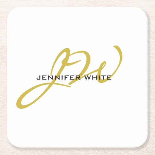 Monogram White Gold Color Plain Modern Minimalist Square Paper Coaster
