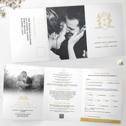 Monogram white gold crown wedding meal option RSVP Tri_Fold Invitation