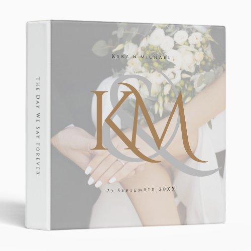 Monogram White Gold Custom Photo Wedding Album 3 Ring Binder