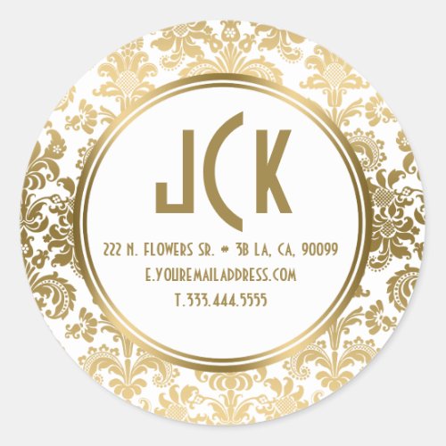 Monogram White  Gold Floral Damasks Pattern Classic Round Sticker