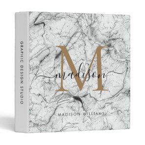 Monogram White Gold Marble Script Office School 3 Ring Binder