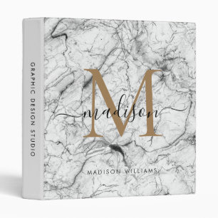 Monogram White Gold Marble Script Office School 3 Ring Binder