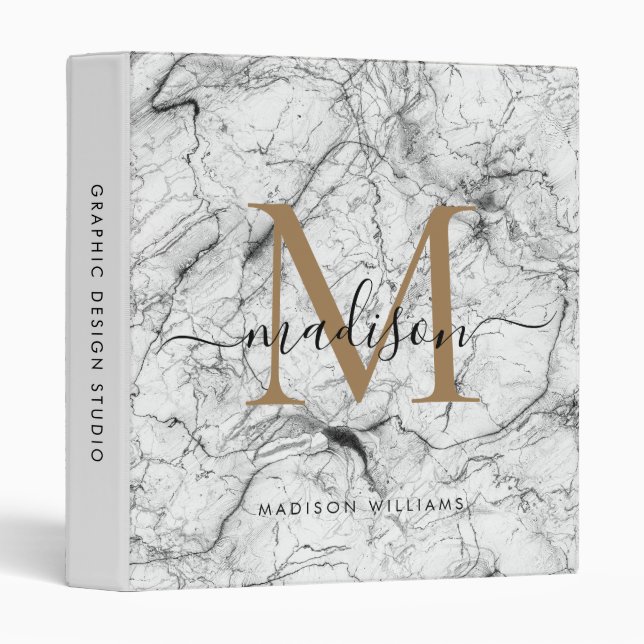 Monogram White Gold Marble Script Office School 3 Ring Binder (Front/Spine)