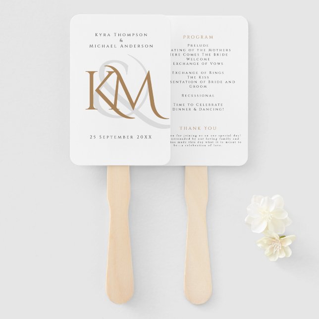 Monogram White Gold Modern Simple Wedding Program Hand Fan (Front and Back)