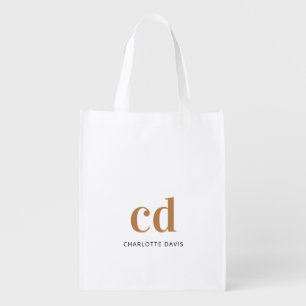 Monogram white gold name elegant modern grocery bag