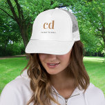 Monogram white gold name elegant modern trucker hat<br><div class="desc">A classic chic white background. Personalize and add your monogram initials written with golden block letters and your name in black and golden. Modern,  trendy and simple.</div>