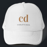 Monogram white gold name elegant modern trucker hat<br><div class="desc">A classic chic white background. Personalize and add your monogram initials written with golden block letters and your name in black and golden. Modern,  trendy and simple.</div>