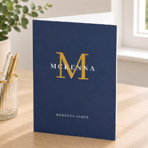 Monogram White Gold Navy Blue Personalized Name Pocket Folder