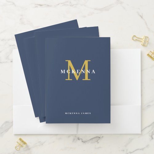 Monogram White Gold Navy Blue Personalized Name Pocket Folder