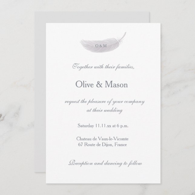 Monogram White Gray Angel Feather Elegant Wedding Invitation (Front/Back)