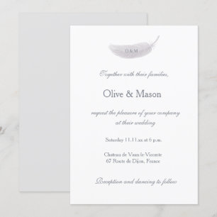 Monogram White Gray Angel Feather Elegant Wedding Invitation