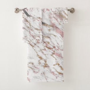 Monogram White Gray Gold Pink Marble Trendy  Bath Towel Set