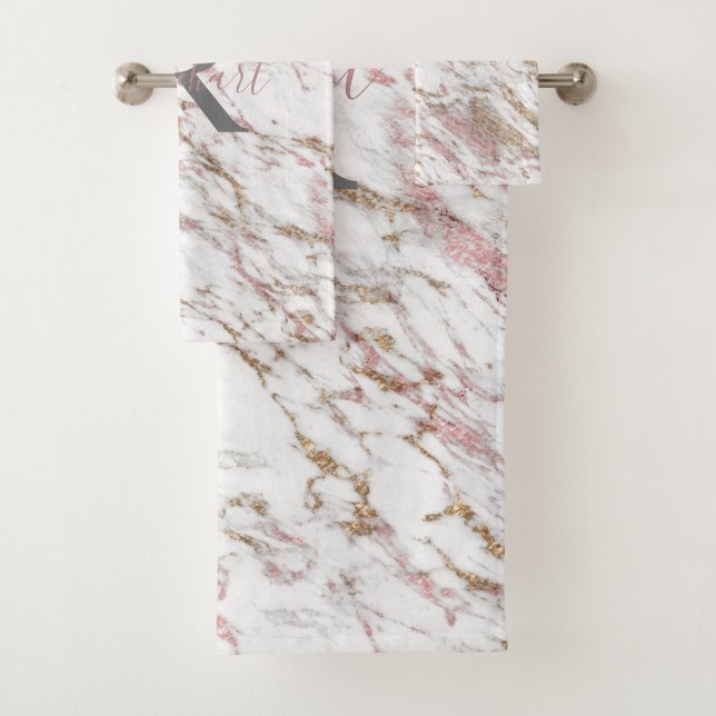 Monogram White Gray Gold Pink Marble Trendy  Bath Towel Set (Insitu)