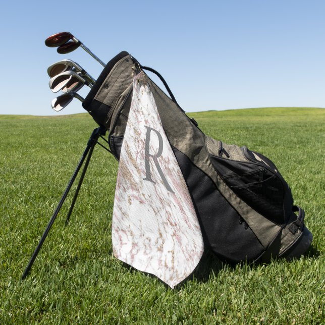 Monogram White Gray Gold Pink Marble Trendy   Golf Towel (Green)
