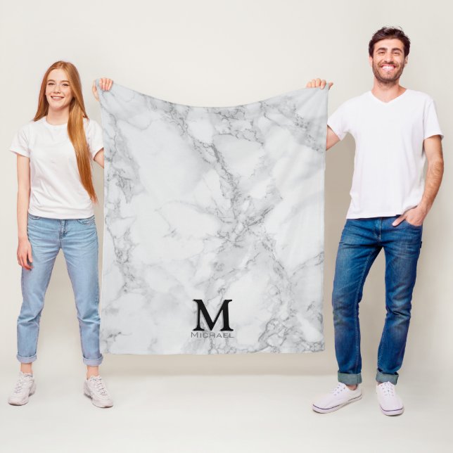 Monogram White Gray Marble Fleece Blanket (In Situ)