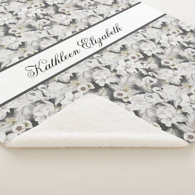 Monogram White Gray Swan Floral Elegant Stylish  Sherpa Blanket (3/4)