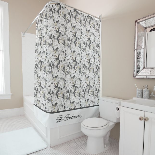 Monogram White Gray Swan Floral Elegant Stylish Shower Curtain (In Situ)