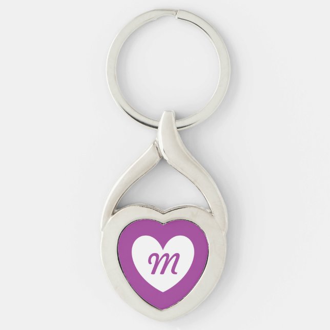 Monogram White heart on Cactus Flower purple Keychain (Front)