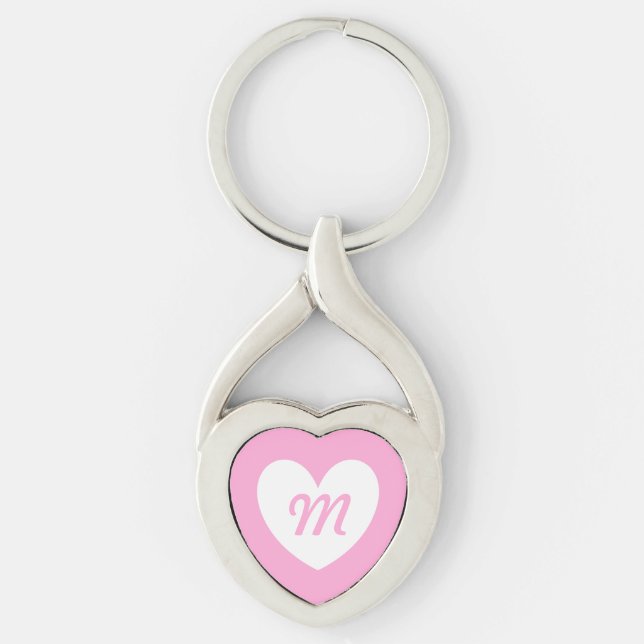 Monogram White heart on Cotton Candy Pink Keychain (Front)