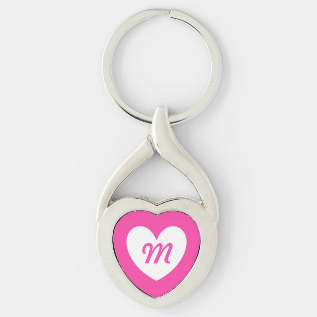 Monogram white heart on fuchsia pink keychain (Front)
