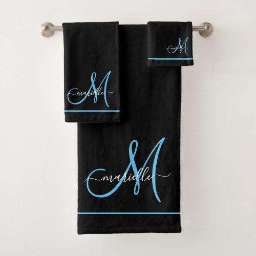 Monogram White Initial Blue Script Name  Bath Towel Set