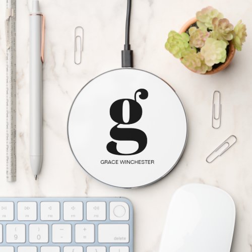Monogram white initial name modern typography wireless charger 