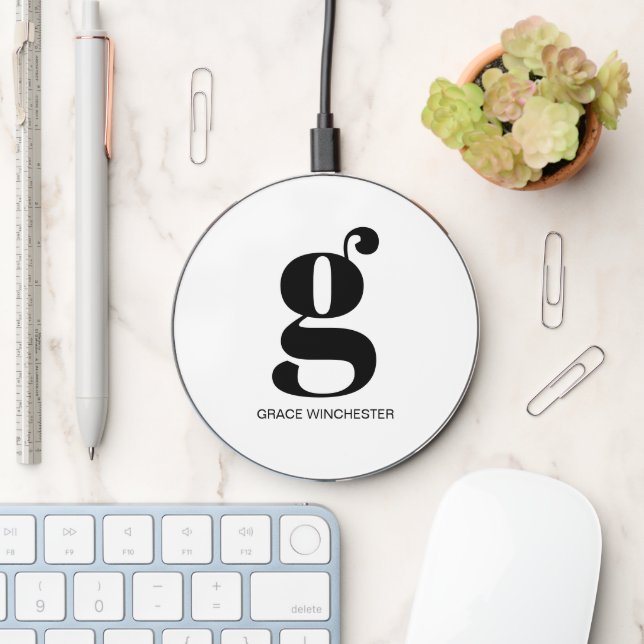 Monogram white initial name modern typography wireless charger  (Desk)