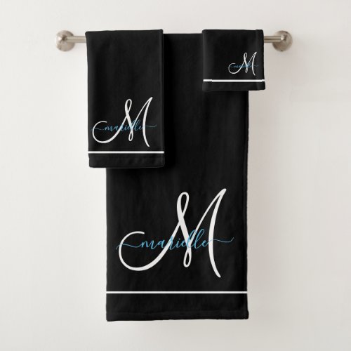 Monogram White Initial Turquoise Script Name  Bath Towel Set
