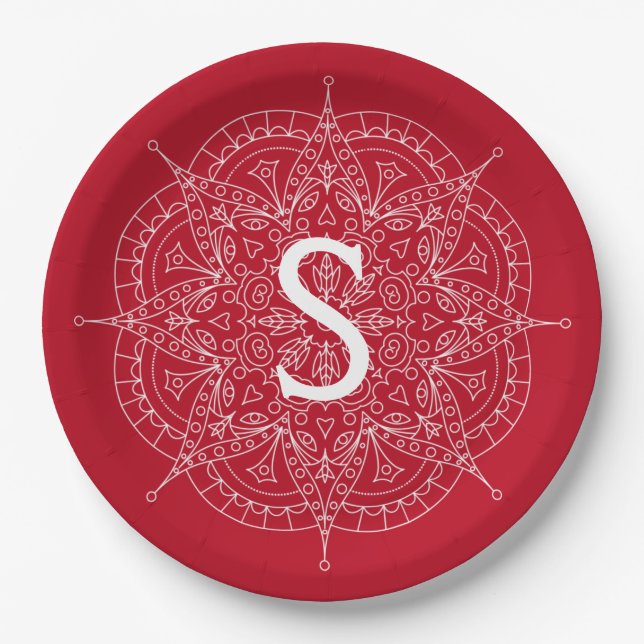 Monogram White Lace On Red  Paper Plates (Front)
