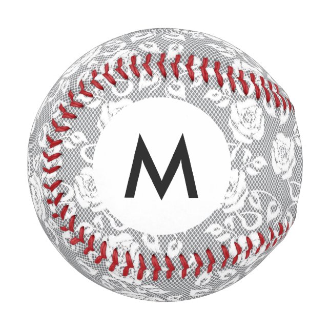 Monogram White lace pattern on gray background Baseball (Front Left)