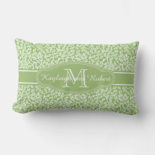 Monogram White Leafy Pattern on Apple Green Lumbar Pillow