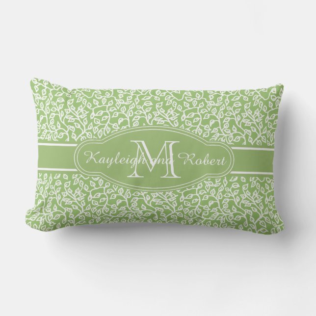 Monogram White Leafy Pattern on Apple Green Lumbar Pillow (Front)