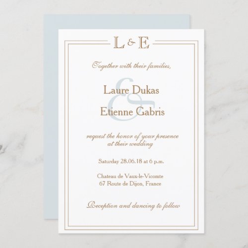 Monogram white light blue ampersand modern wedding invitation