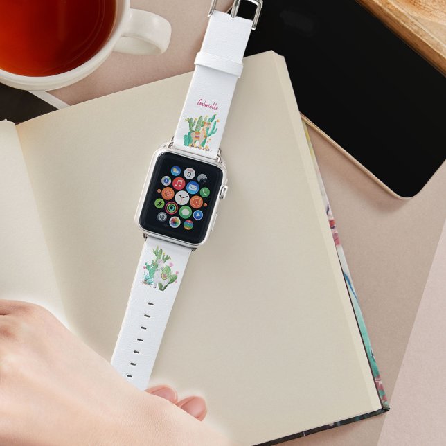 Monogram White Llama Cactus Illustrations Custom Apple Watch Band (Creator Uploaded)