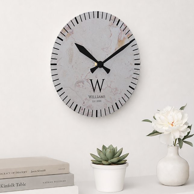 Monogram White Marble Black Initial & Custom Name  Round Clock (Creator Uploaded)