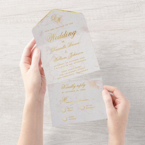 Monogram White Marble Faux Gold Elegant Wedding  A All In One Invitation