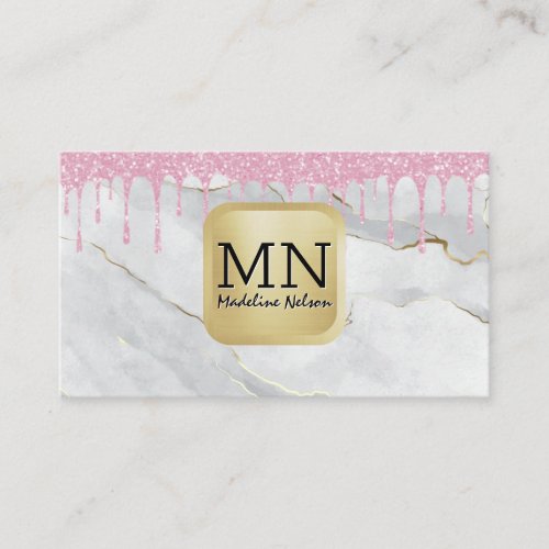 Monogram  White Marble  Glitter Drip Pink Business Card