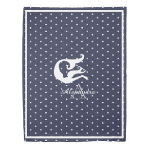 monogram White mermaid on Navy blue Duvet Cover
