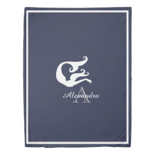 Monogram White Mermaid on Navy Blue Duvet Cover