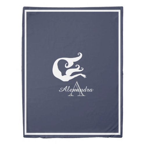 Monogram White Mermaid on Navy Blue  Duvet Cover