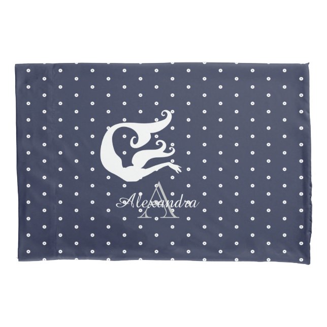 monogram White mermaid on Navy blue  Pillow Case (Front)