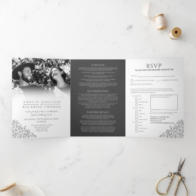 Monogram white monotone leaves wedding all-in-one Tri-Fold invitation (Inside)
