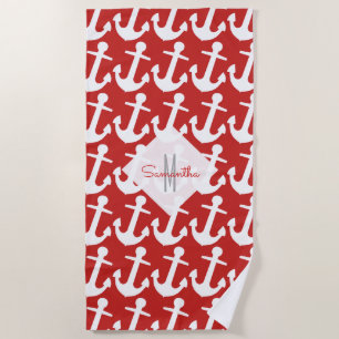 Monogram, White Nautical Anchor Pattern on Red Beach Towel
