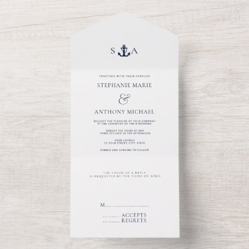 Monogram White Navy Blue Nautical Anchor Wedding All In One Invitation