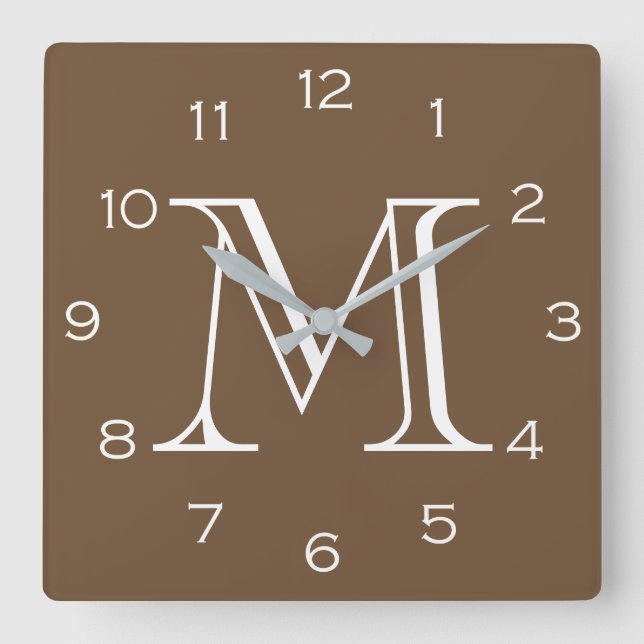Monogram White Numbers On Brown wccnt Square Wall Clock (Front)
