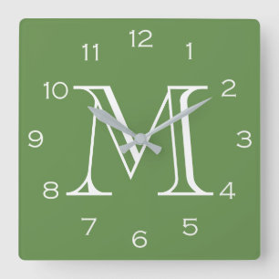 Monogram White Numbers On Green wccnt Square Wall Clock
