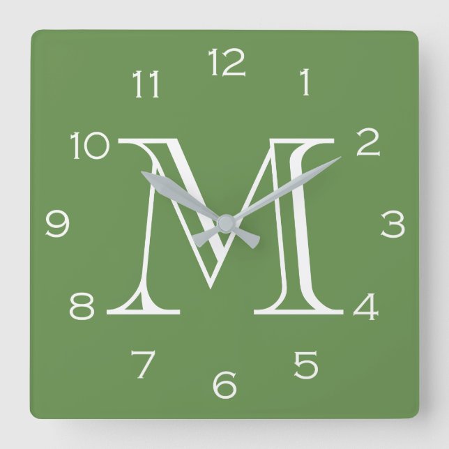 Monogram White Numbers On Green wccnt Square Wall Clock (Front)