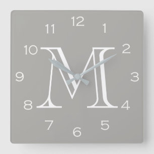Monogram White Numbers On Grey wccnt Square Wall Clock